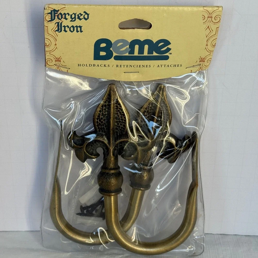 Vtg Beme Forged Iron Fleur de‎ Lis Curtain Holdbacks Antique Brass 2 HFFLRAB